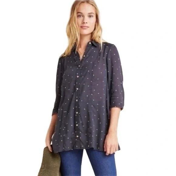 Maeve Anthropologie Monika Polka dots Navy Dots Tunic Top